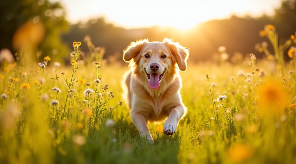 Un cane felice che corre in un prato verde, simboleggiando la natura